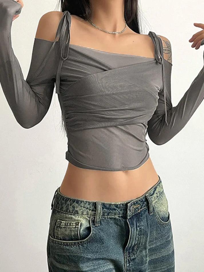 Ruched Lace Up Crop Long Sleeve Tee - HouseofHalley