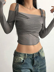 Ruched Lace Up Crop Long Sleeve Tee - HouseofHalley