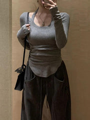 Solid Halter Backless Curvy Hem Long Sleeve Knit - HouseofHalley