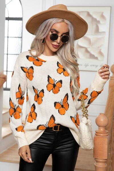 Butterfly Round Neck Long Sleeve Butterfly Sweater