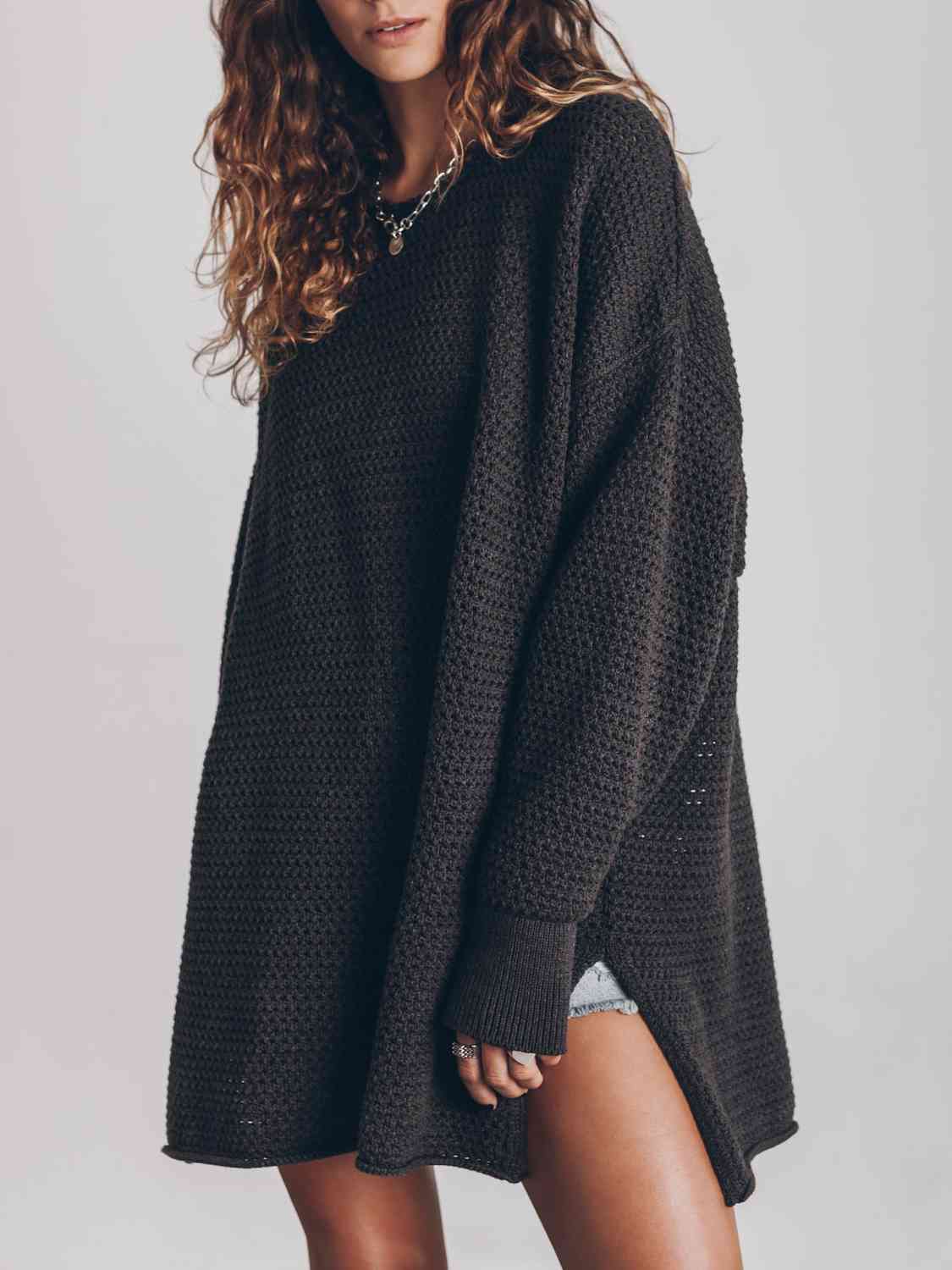 Openwork Round Neck Long Sleeve Slit Oversized Fashion Sweater