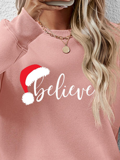 BELIEVE Graphic Long Sleeve Holiday Christmas Sweatshirt