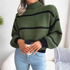 Women's Fashion Casual Striped Balloon Sleeve Turtleneck Sweater