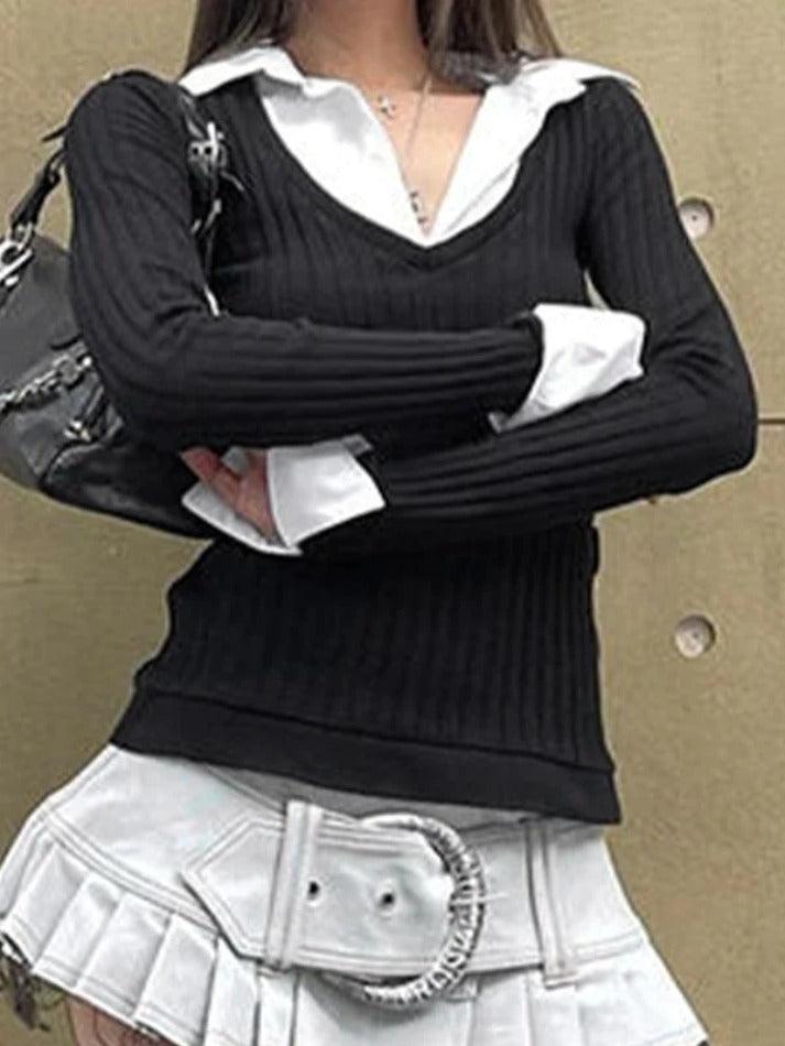 Polo Neck Splice Fake Two Piece Long Sleeve Knit - HouseofHalley