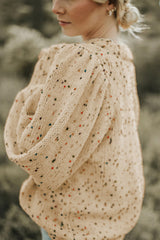 Light French Beige Colorful Dots Cable Knit Crew Neck Long Sleeve Sweater