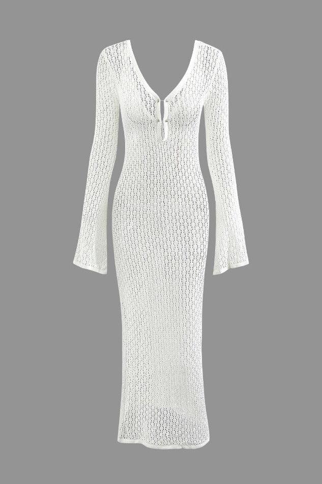 V-neck Open Knit Long Sleeve Maxi Dress - HouseofHalley