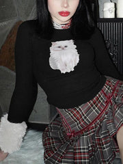 Kitty Print Plush Splice Cropped Long Sleeve Knit - HouseofHalley