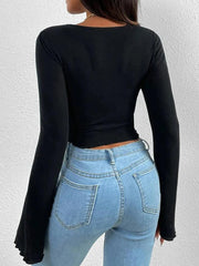 Solid V Neck Ruched Irregular Hem Knit Long Sleeve Tee - HouseofHalley