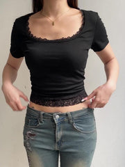 Lace Trim Splice Square Neck Crop Short Sleeve Tee - HouseofHalley