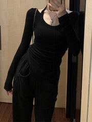 Solid Halter Backless Curvy Hem Long Sleeve Knit - HouseofHalley