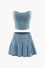 Denim Strapless Top And Pleated Mini Skirt Set - HouseofHalley