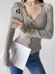 Solid Ribbed V Neck Twist Front Long Sleeve Knit