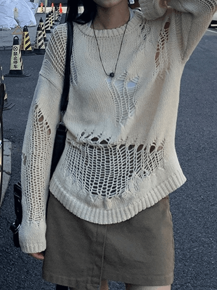 Distressed Crochet Knit Sweater - HouseofHalley