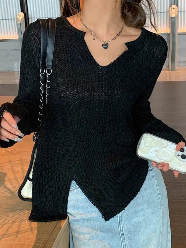 Solid V Neck Slit Thin Long Sleeve Knit - HouseofHalley