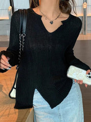 Solid V Neck Slit Thin Long Sleeve Knit - HouseofHalley