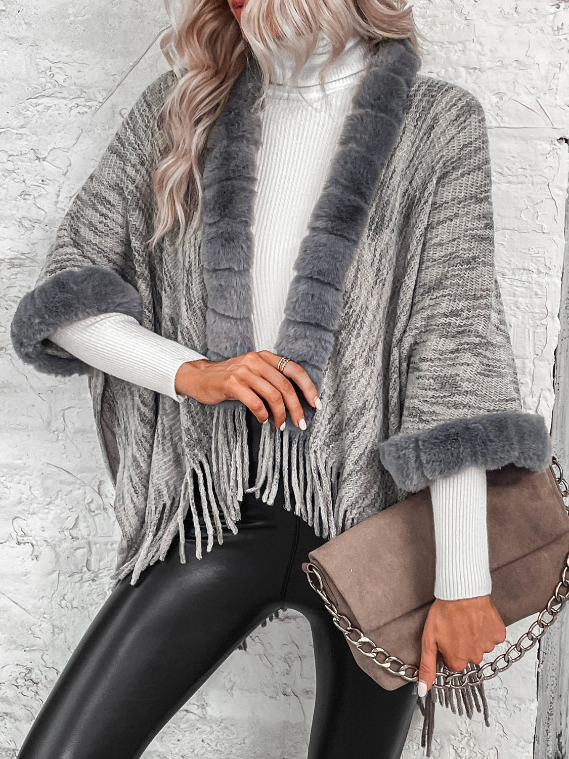 Open Front Fringe Hem Faux Fur Poncho