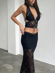 Plunge Neck Halter Low Waist Lace Two Piece - HouseofHalley