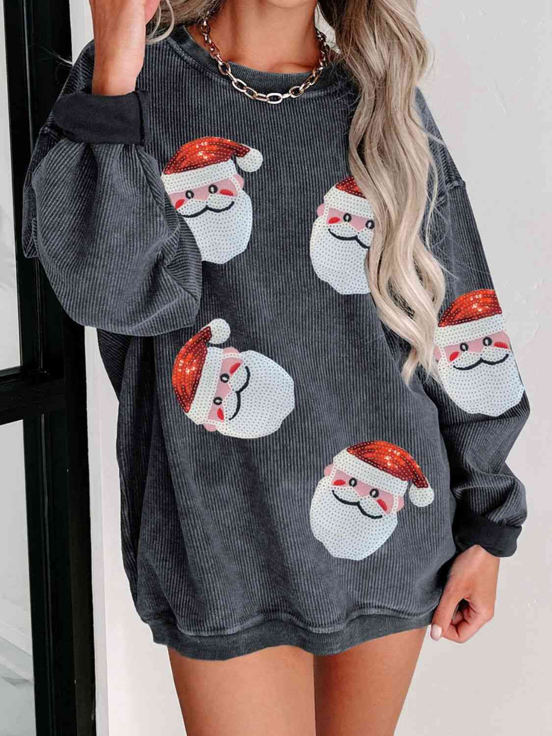 Sequin Santa Patch Ribbed Sweatshirt Christmas Sweater