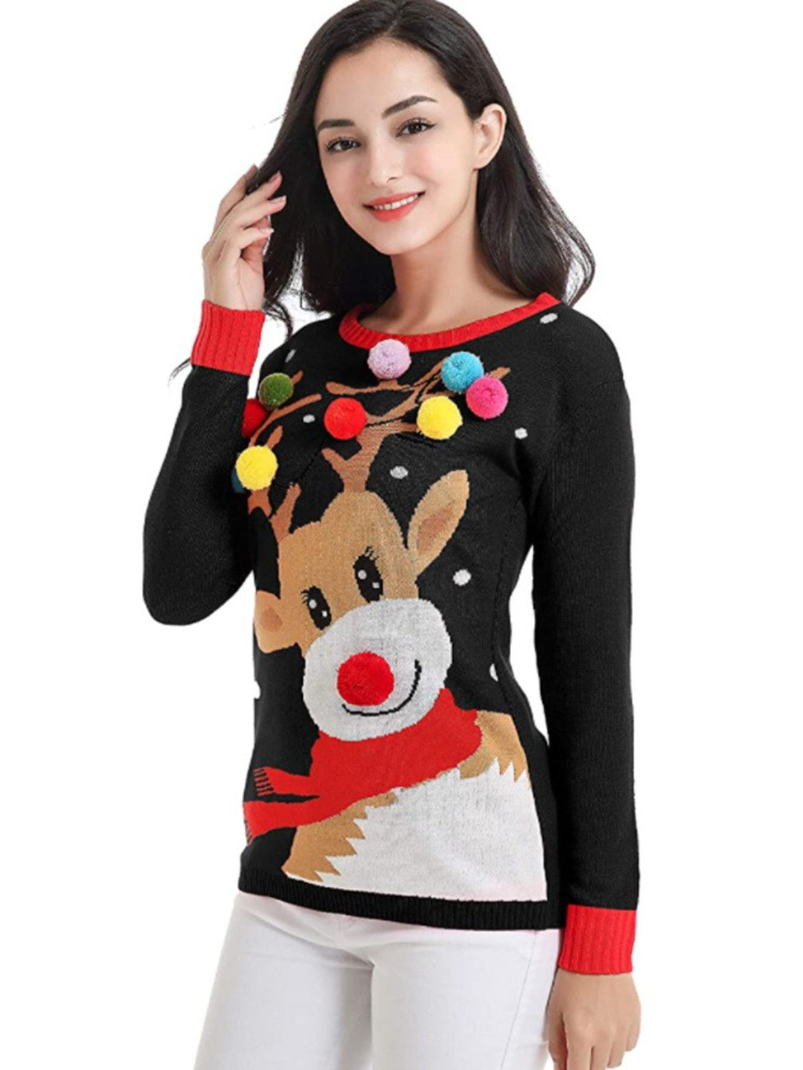 Rudolph Pom-Pom Trim Christmas Sweater