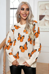 Butterfly Round Neck Long Sleeve Butterfly Sweater