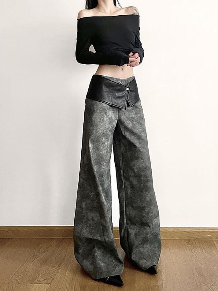 Low Waist Tie Dye Panel Faux Leather Wide Leg Pants