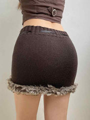 Plush Hem Ribbon Lace Up Mini Skirt