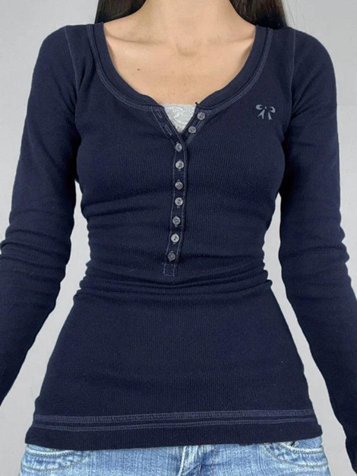 Vintage Embroidery Top-stitching Breasted Long Sleeve Tee - HouseofHalley