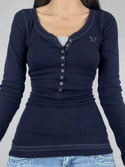 Vintage Embroidery Top-stitching Breasted Long Sleeve Tee - HouseofHalley