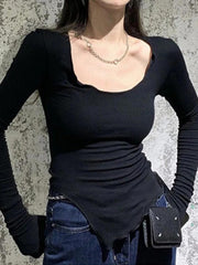 Solid Color Fungus Trim Irregular Hem Long Sleeve Knit - HouseofHalley