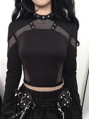 Long Sleeve Mesh Panel Plain Crop Top - HouseofHalley