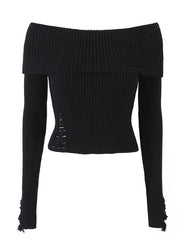 Long Sleeve Off-Shoulder Plain Ribbed-Knit Sweater - HouseofHalley