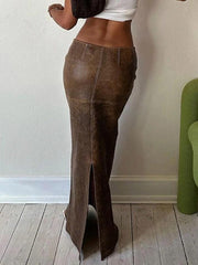 Vintage Brown Back Slit Low Waist Leather Maxi Skirt - HouseofHalley