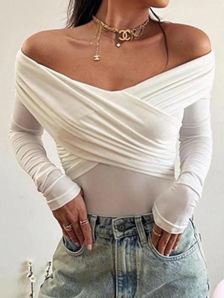 Solid Crossover Pleated Long Sleeve Tee - HouseofHalley