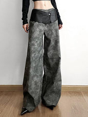 Low Waist Tie Dye Panel Faux Leather Wide Leg Pants - HouseofHalley