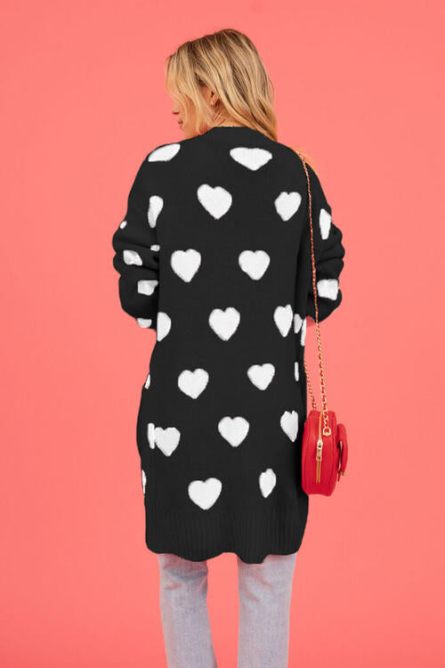 Heart Graphic Open Front Cardigan with Pockets Sweater