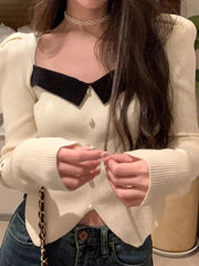 Contrast Color Splice Pearl Breasted Slit Knit Sweater - HouseofHalley