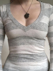 Long Sleeve V-Neck Striped Slim-Fit Sweater - HouseofHalley