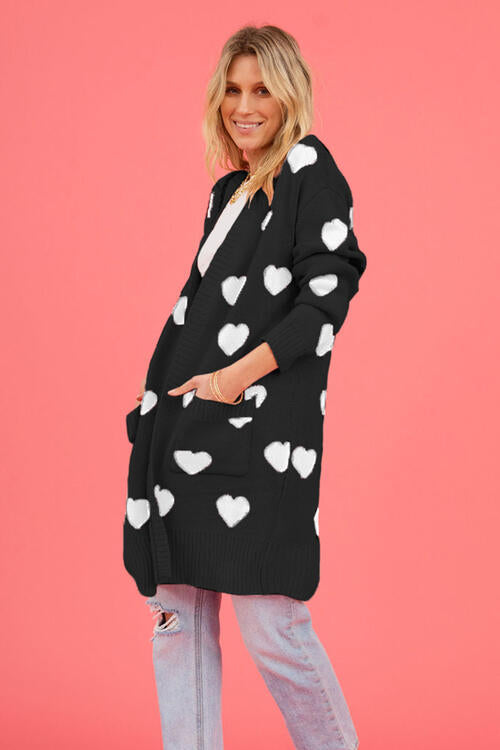 Heart Graphic Open Front Cardigan with Pockets Sweater