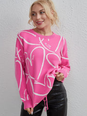 Heart Pattern Drawstring Hem Sweater