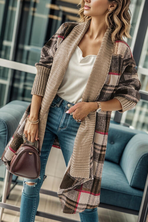 Plaid Open Front Long Sleeve Long Cardigan