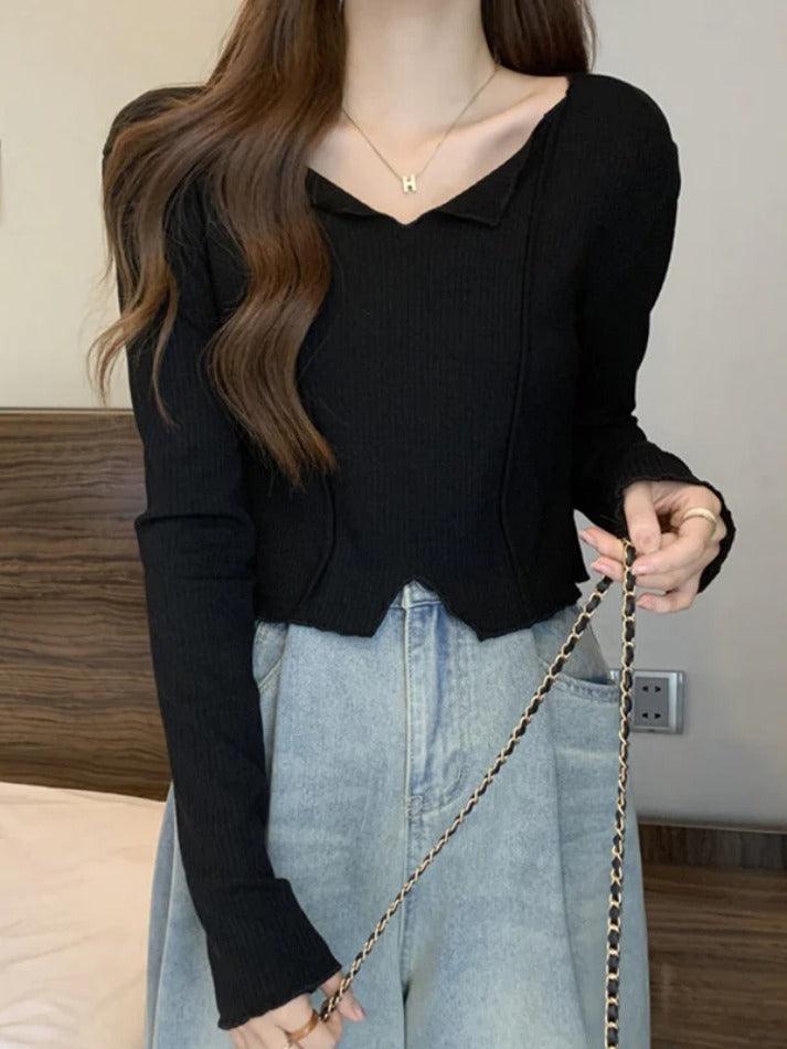 Solid V Neck Slit Hem Long Sleeve Knit - HouseofHalley