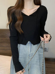 Solid V Neck Slit Hem Long Sleeve Knit - HouseofHalley