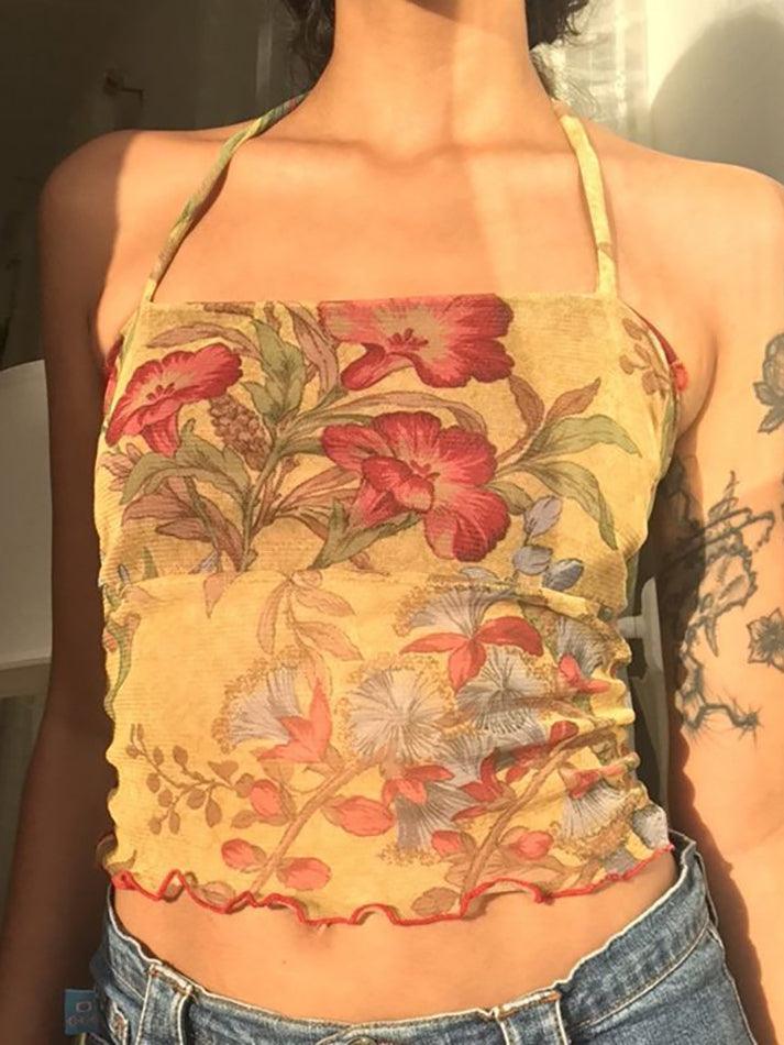 Floral Print Lettuce-Edge Crop Halter-Neck Top - HouseofHalley