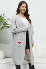 Lantern Sleeve Open Front Pocketed Cardigan with hearts