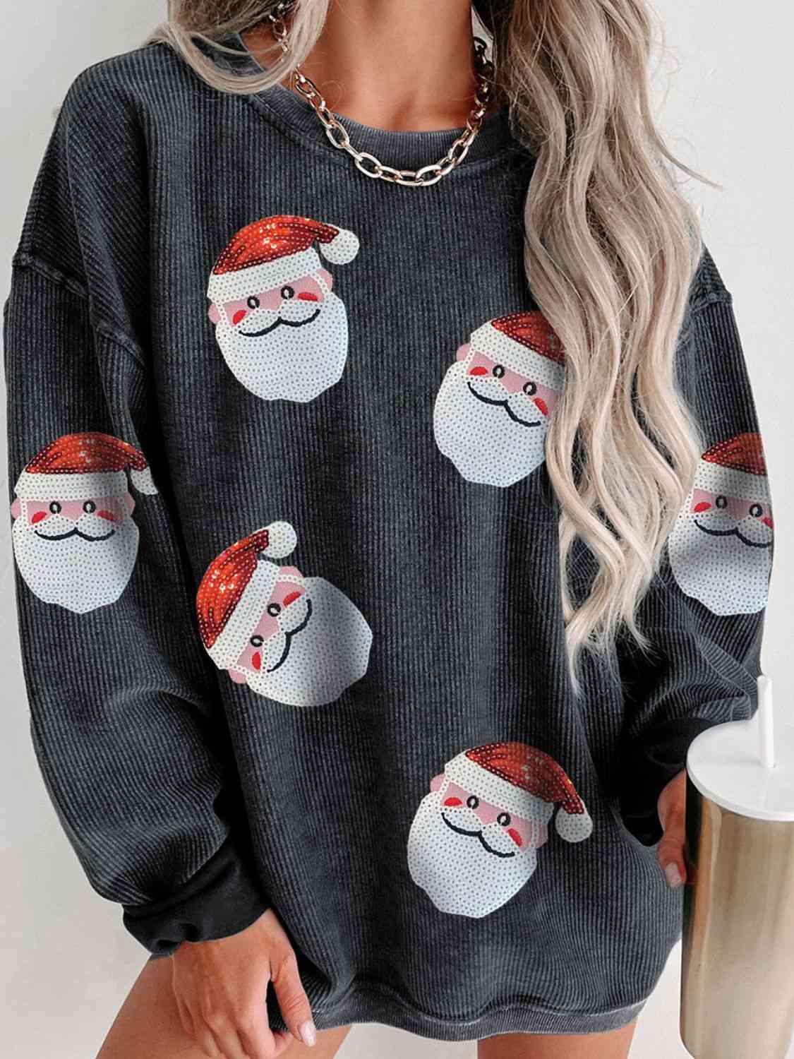 Sequin Santa Patch Ribbed Sweatshirt Christmas Sweater