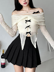 Long-Sleeve Off-Shoulder Plain Asymmetrical Bow Crop Knit Top