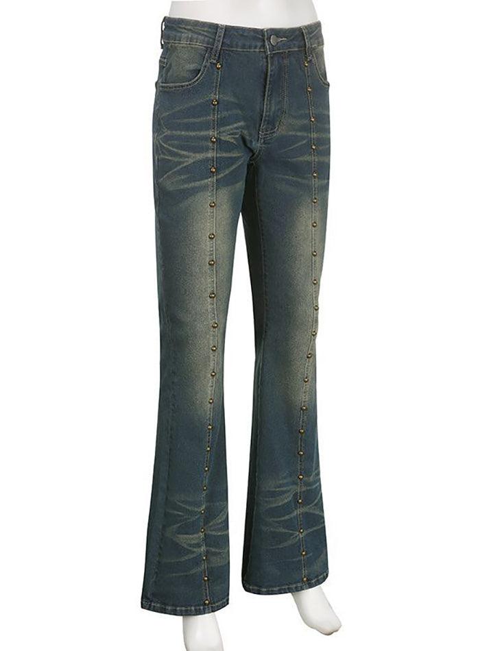 Mid Rise Washed Studded Flared Jeans