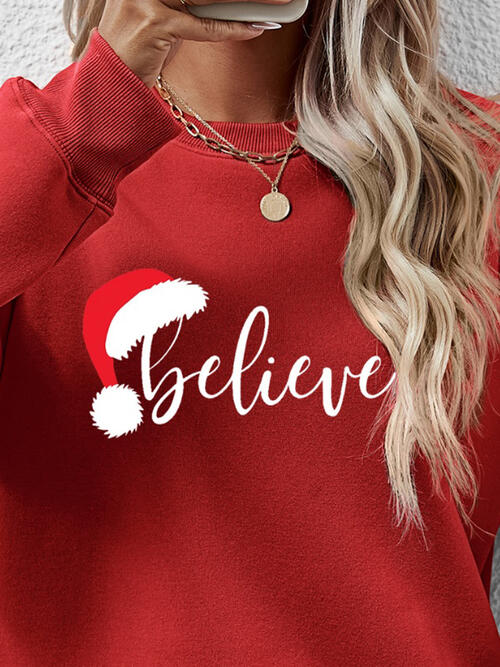 BELIEVE Graphic Long Sleeve Holiday Christmas Sweatshirt