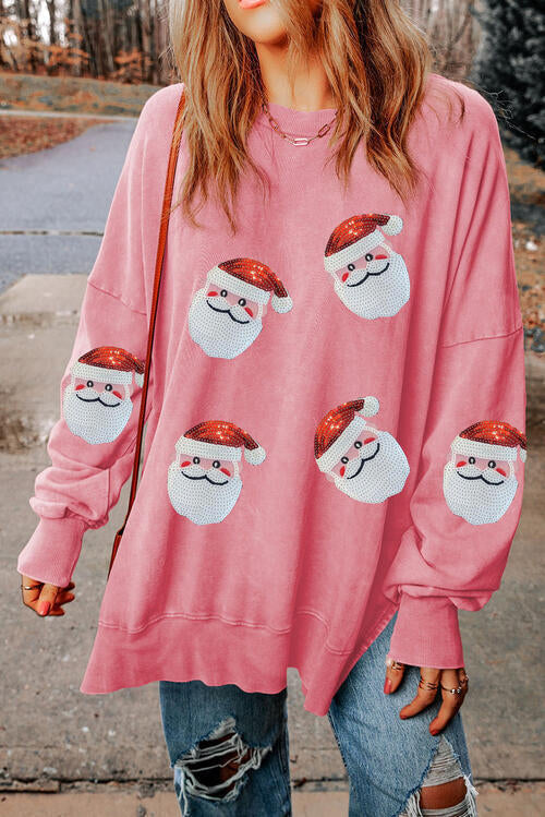 Sequin Santa Round Neck Slit  Christmas Sweatshirt