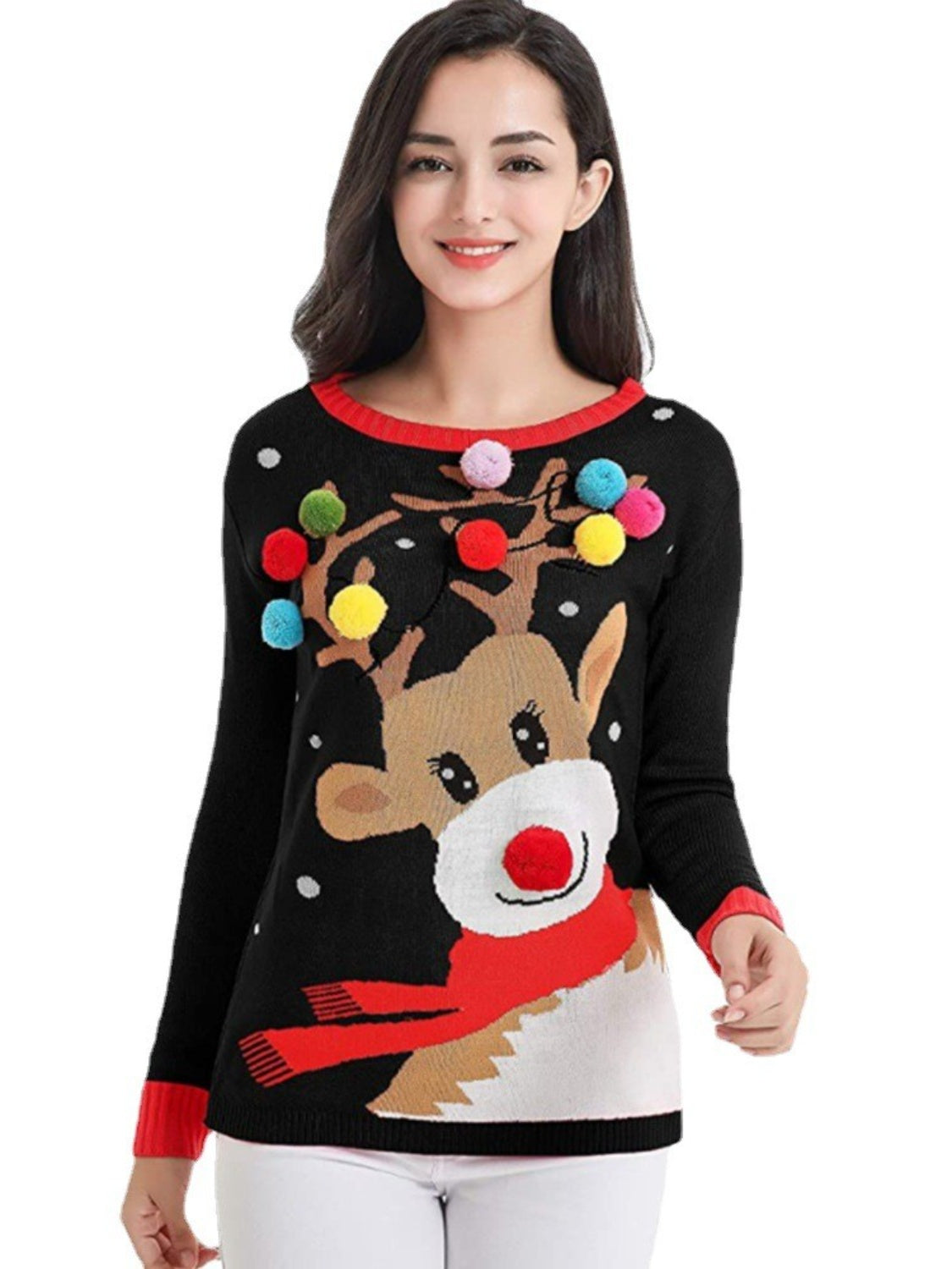 Rudolph Pom-Pom Trim Christmas Sweater